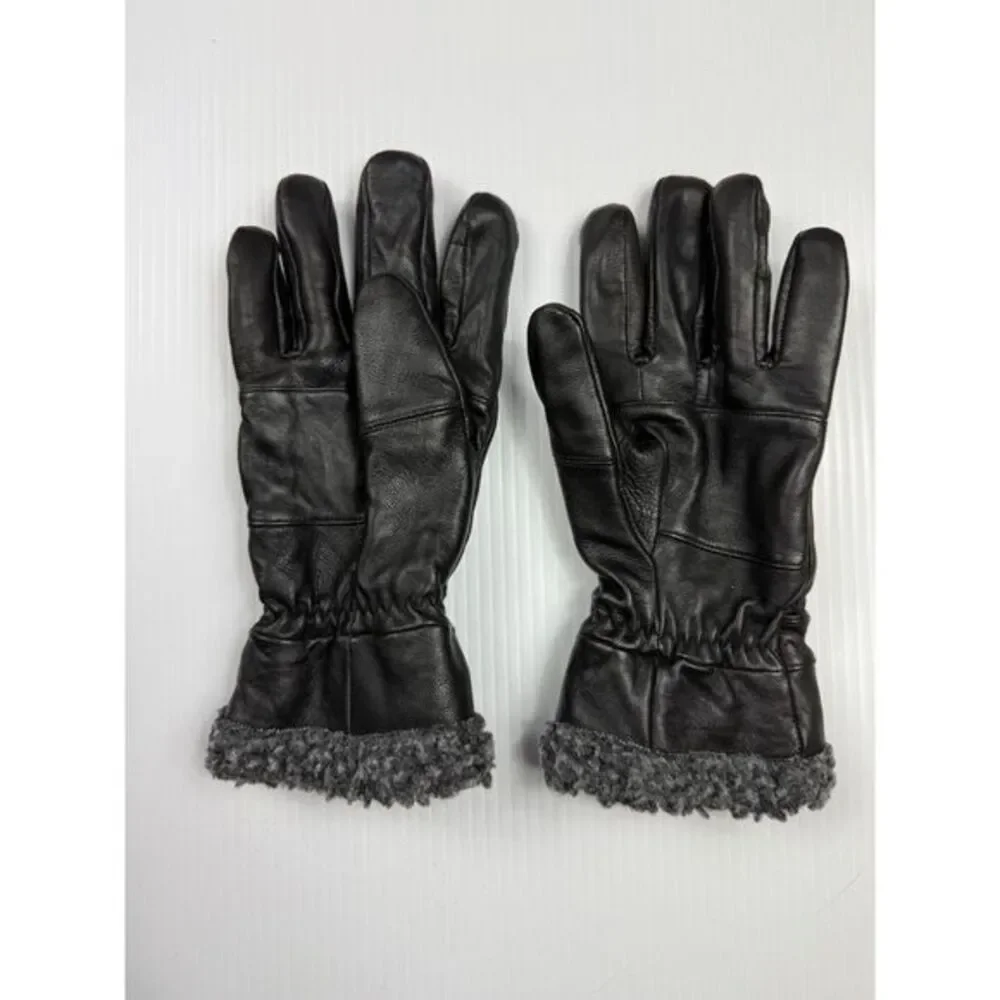 Black Leather Gloves with‎ Plush Gray Fleece Lining Cold Weather size M